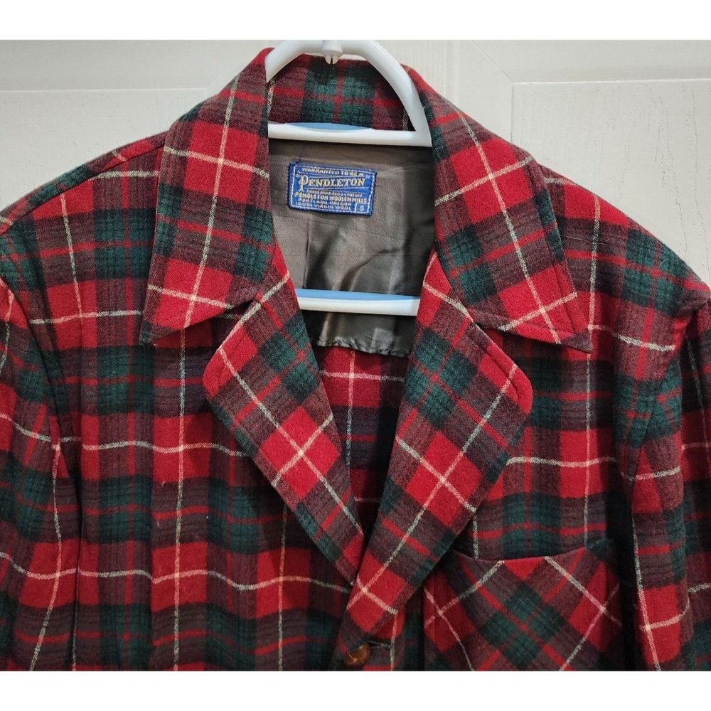 VTG Pendleton 60s 70s Smoking Jacket Red Tartan Plaid Size S 100% Virgin Wool - Picture 2 of 10